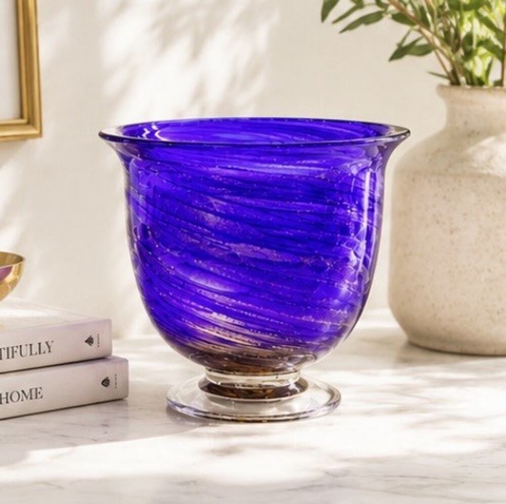 Cobalt Blue Bowl Vase Art Glass Cententerpiece Pedestal Gold Swirl Hand blown